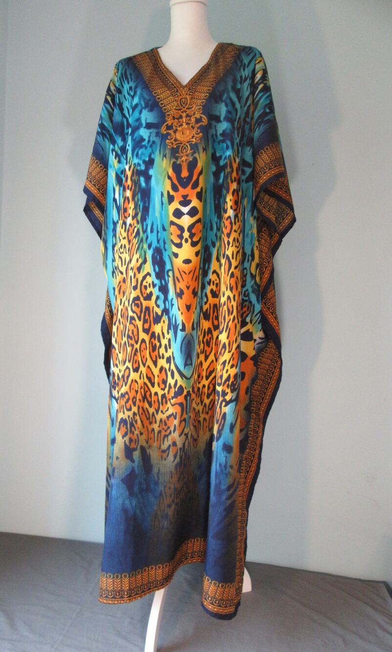 Vtg Womens Winlar Kaftan Moo Moo VNeck Dress Bold Blue Gold Animal Graphic Print